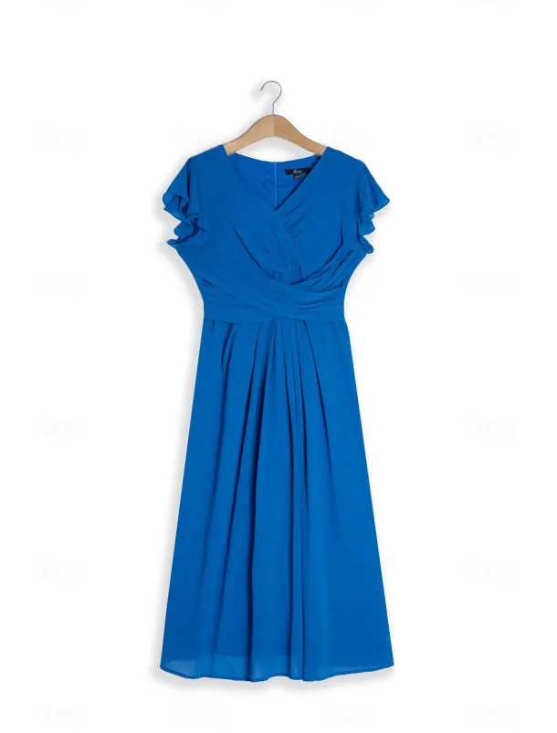 Women's Wedding Guest Cocktail Dress Chiffon Ruched Ruffle Elegant Formal Wrap Midi Dress V Neck Ruffle Sleeve Blue Green Color