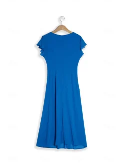 Women's Wedding Guest Cocktail Dress Chiffon Ruched Ruffle Elegant Formal Wrap Midi Dress V Neck Ruffle Sleeve Blue Green Color