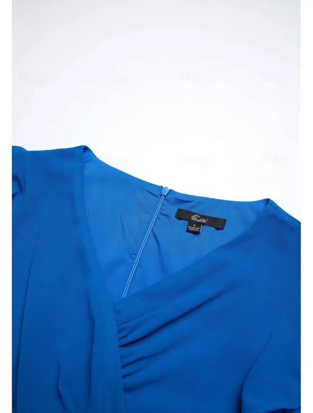 Women's Wedding Guest Cocktail Dress Chiffon Ruched Ruffle Elegant Formal Wrap Midi Dress V Neck Ruffle Sleeve Blue Green Color