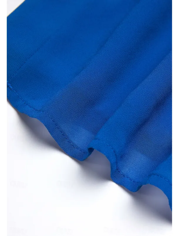 Women's Wedding Guest Cocktail Dress Chiffon Ruched Ruffle Elegant Formal Wrap Midi Dress V Neck Ruffle Sleeve Blue Green Color