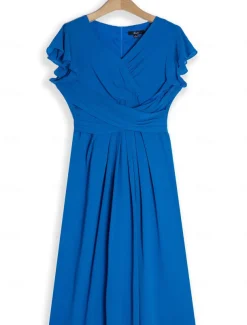 Women's Wedding Guest Cocktail Dress Chiffon Ruched Ruffle Elegant Formal Wrap Midi Dress V Neck Ruffle Sleeve Blue Green Color