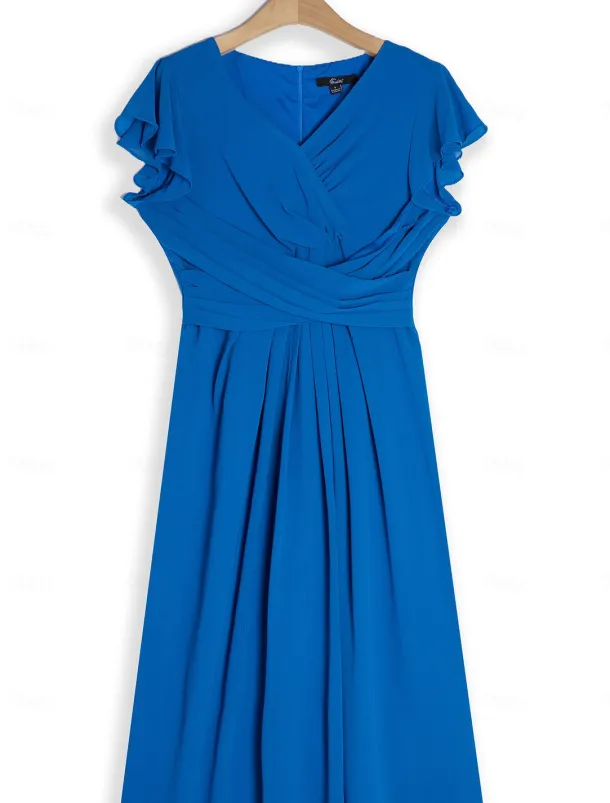 Women's Wedding Guest Cocktail Dress Chiffon Ruched Ruffle Elegant Formal Wrap Midi Dress V Neck Ruffle Sleeve Blue Green Color