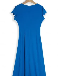 Women's Wedding Guest Cocktail Dress Chiffon Ruched Ruffle Elegant Formal Wrap Midi Dress V Neck Ruffle Sleeve Blue Green Color