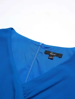 Women's Wedding Guest Cocktail Dress Chiffon Ruched Ruffle Elegant Formal Wrap Midi Dress V Neck Ruffle Sleeve Blue Green Color