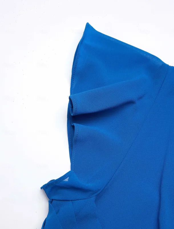 Women's Wedding Guest Cocktail Dress Chiffon Ruched Ruffle Elegant Formal Wrap Midi Dress V Neck Ruffle Sleeve Blue Green Color