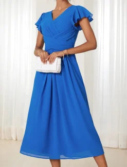 Women's Wedding Guest Cocktail Dress Chiffon Ruched Ruffle Elegant Formal Wrap Midi Dress V Neck Ruffle Sleeve Blue Green Color