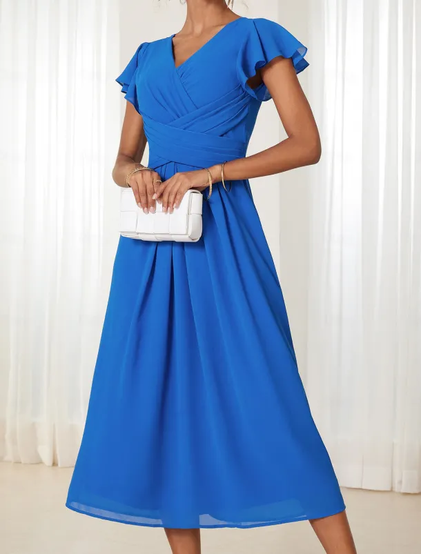 Women's Wedding Guest Cocktail Dress Chiffon Ruched Ruffle Elegant Formal Wrap Midi Dress V Neck Ruffle Sleeve Blue Green Color