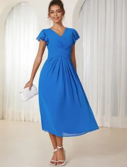 Women's Wedding Guest Cocktail Dress Chiffon Ruched Ruffle Elegant Formal Wrap Midi Dress V Neck Ruffle Sleeve Blue Green Color