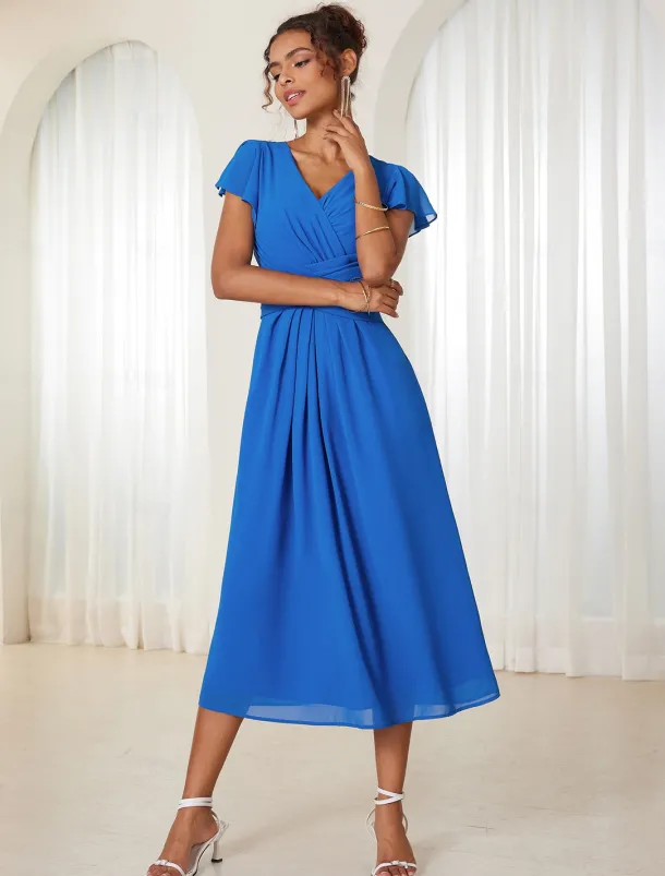 Women's Wedding Guest Cocktail Dress Chiffon Ruched Ruffle Elegant Formal Wrap Midi Dress V Neck Ruffle Sleeve Blue Green Color