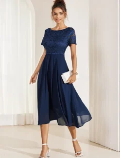 Women's Wedding Guest Cocktail Dress Chiffon Contrast Lace Ruffle Hem Elegant Formal Midi A Line Dress Crew Neck Short Sleeve Dark Blue Color