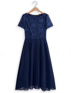 Women's Wedding Guest Cocktail Dress Chiffon Contrast Lace Ruffle Hem Elegant Formal Midi A Line Dress Crew Neck Short Sleeve Dark Blue Color