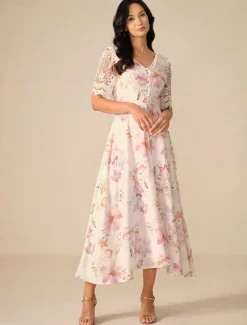 Women's Wedding Guest Cocktail Dress Floral Lace Button V Neck Maxi Dress Elegant Stylish Party Short Sleeve Summer