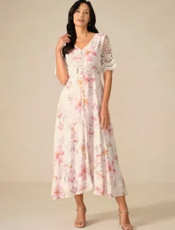 Women's Wedding Guest Cocktail Dress Floral Lace Button V Neck Maxi Dress Elegant Stylish Party Short Sleeve Summer