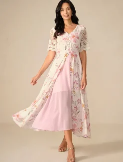 Women's Wedding Guest Cocktail Dress Floral Lace Button V Neck Maxi Dress Elegant Stylish Party Short Sleeve Summer