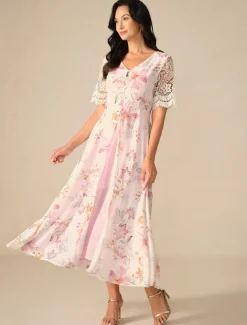 Women's Wedding Guest Cocktail Dress Floral Lace Button V Neck Maxi Dress Elegant Stylish Party Short Sleeve Summer