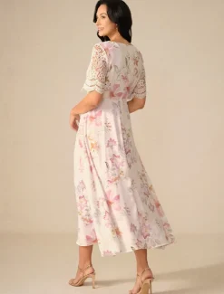 Women's Wedding Guest Cocktail Dress Floral Lace Button V Neck Maxi Dress Elegant Stylish Party Short Sleeve Summer