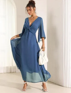 Women's Wedding Guest Cocktail Dress Chiffon Plain Ruffle Twisted Elegant Summer Maxi Dress V Neck Flared 3/4 Length Sleeve