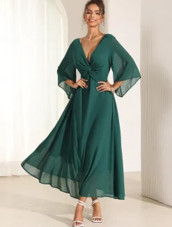 Women's Wedding Guest Cocktail Dress Chiffon Plain Ruffle Twisted Elegant Summer Maxi Dress V Neck Flared 3/4 Length Sleeve