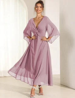 Women's Wedding Guest Cocktail Dress Chiffon Plain Ruffle Twisted Elegant Summer Maxi Dress V Neck Flared 3/4 Length Sleeve