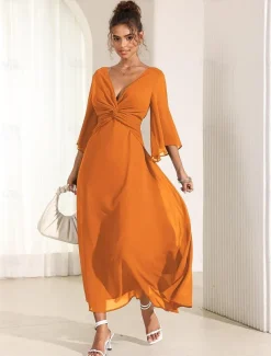 Women's Wedding Guest Cocktail Dress Chiffon Plain Ruffle Twisted Elegant Summer Maxi Dress V Neck Flared 3/4 Length Sleeve