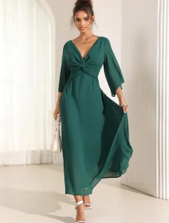 Women's Wedding Guest Cocktail Dress Chiffon Plain Ruffle Twisted Elegant Summer Maxi Dress V Neck Flared 3/4 Length Sleeve