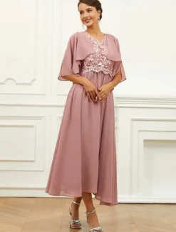 Women's Wedding Guest Cocktail Dress Chiffon Lace Ruffle V Neck Short Sleeve Midi Dress Party Elegant Formal Pink Summer