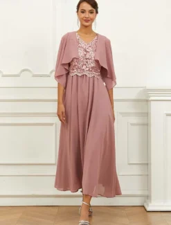 Women's Wedding Guest Cocktail Dress Chiffon Lace Ruffle V Neck Short Sleeve Midi Dress Party Elegant Formal Pink Summer