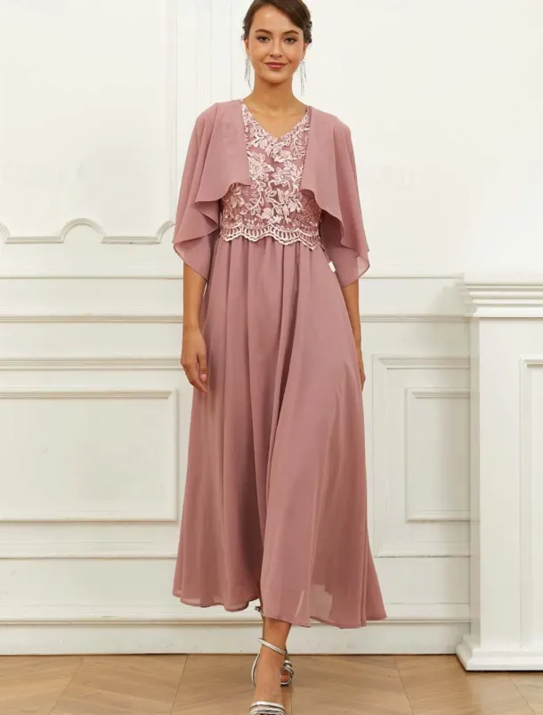 Women's Wedding Guest Cocktail Dress Chiffon Lace Ruffle V Neck Short Sleeve Midi Dress Party Elegant Formal Pink Summer