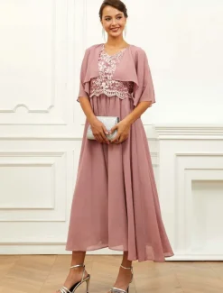 Women's Wedding Guest Cocktail Dress Chiffon Lace Ruffle V Neck Short Sleeve Midi Dress Party Elegant Formal Pink Summer