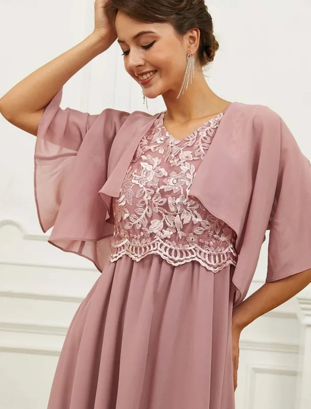 Women's Wedding Guest Cocktail Dress Chiffon Lace Ruffle V Neck Short Sleeve Midi Dress Party Elegant Formal Pink Summer