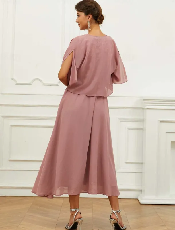 Women's Wedding Guest Cocktail Dress Chiffon Lace Ruffle V Neck Short Sleeve Midi Dress Party Elegant Formal Pink Summer