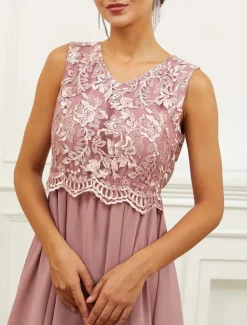 Women's Wedding Guest Cocktail Dress Chiffon Lace Ruffle V Neck Short Sleeve Midi Dress Party Elegant Formal Pink Summer