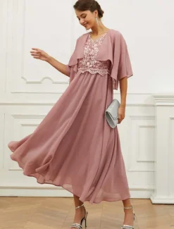Women's Wedding Guest Cocktail Dress Chiffon Lace Ruffle V Neck Short Sleeve Midi Dress Party Elegant Formal Pink Summer