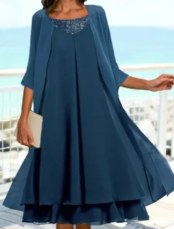 Women's Wedding Guest Cocktail Dress Chiffon Fashion Layered Casual Elegant Two Piece Dress Set Midi Fall Winter Dress Crew Neck 3/4 Length Sleeve Plain Navy Blue