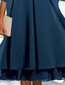 Women's Wedding Guest Cocktail Dress Chiffon Fashion Layered Casual Elegant Two Piece Dress Set Midi Fall Winter Dress Crew Neck 3/4 Length Sleeve Plain Navy Blue