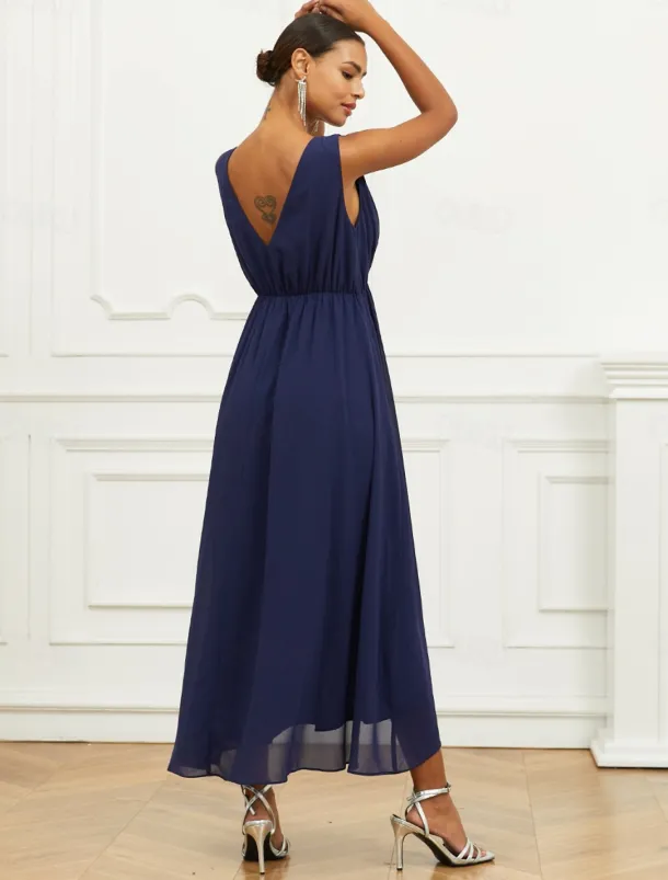 Women's Wedding Guest Cocktail Dress A Line Maxi Chiffon Ruched Tiered Elegant V Neck Sleeveless dress Navy Blue Color