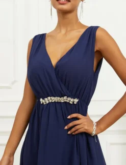 Women's Wedding Guest Cocktail Dress A Line Maxi Chiffon Ruched Tiered Elegant V Neck Sleeveless dress Navy Blue Color