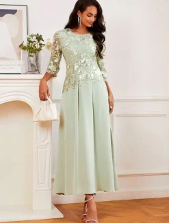 Women's Wedding Guest Cocktail Dress Maxi Dress Contrast Lace Party Elegant Formal V Neck Light Green Color