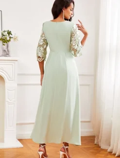 Women's Wedding Guest Cocktail Dress Maxi Dress Contrast Lace Party Elegant Formal V Neck Light Green Color