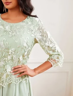 Women's Wedding Guest Cocktail Dress Maxi Dress Contrast Lace Party Elegant Formal V Neck Light Green Color