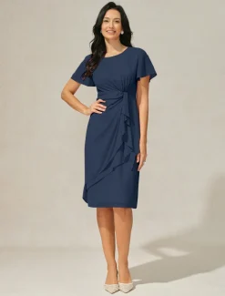 Women's Wedding Guest Cocktail Dress Chiffon Twisted Knot Elegant Formal Layered Midi Dress Crew Neck Short Sleeve Butterfly Sleeve Dark Blue Color