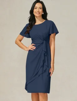 Women's Wedding Guest Cocktail Dress Chiffon Twisted Knot Elegant Formal Layered Midi Dress Crew Neck Short Sleeve Butterfly Sleeve Dark Blue Color