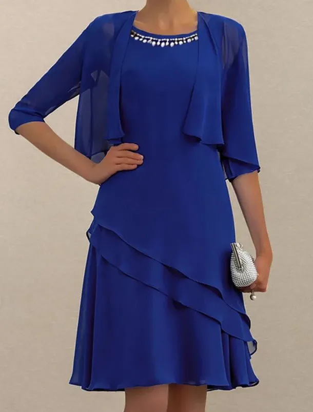 Women's Wedding Guest Cocktail Dress Elegant Dress Set Work Chiffon Dress Office Fashion Ruffle Patchwork Mini Dress Crew Neck Half Sleeve Plain Summer Spring