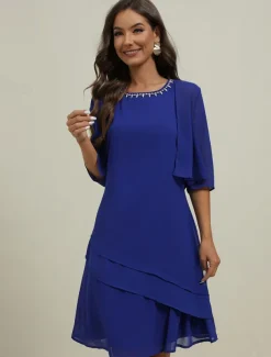 Women's Wedding Guest Cocktail Dress Elegant Dress Set Work Chiffon Dress Office Fashion Ruffle Patchwork Mini Dress Crew Neck Half Sleeve Plain Summer Spring