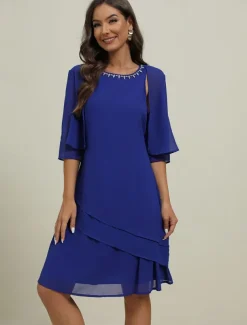 Women's Wedding Guest Cocktail Dress Elegant Dress Set Work Chiffon Dress Office Fashion Ruffle Patchwork Mini Dress Crew Neck Half Sleeve Plain Summer Spring