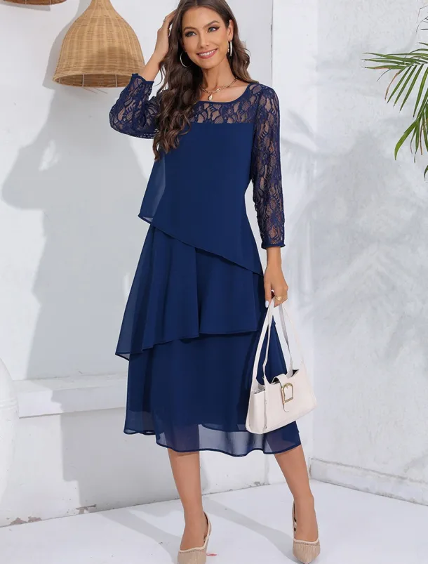 Women's Wedding Guest Cocktail Dress Lace Ruffle Elegant Vacation Spring Winter Midi Dress Crew Neck Long Sleeve Navy Blue