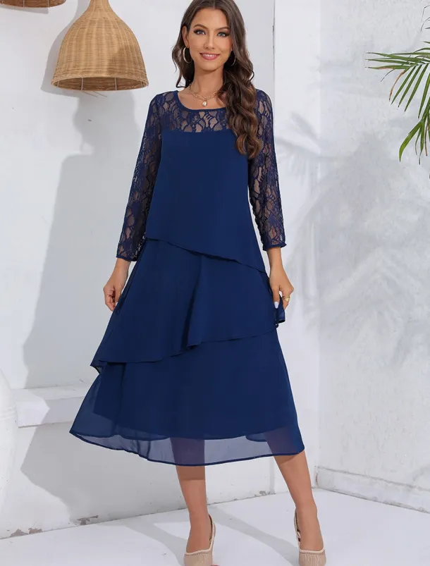 Women's Wedding Guest Cocktail Dress Lace Ruffle Elegant Vacation Spring Winter Midi Dress Crew Neck Long Sleeve Navy Blue