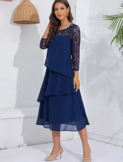 Women's Wedding Guest Cocktail Dress Lace Ruffle Elegant Vacation Spring Winter Midi Dress Crew Neck Long Sleeve Navy Blue