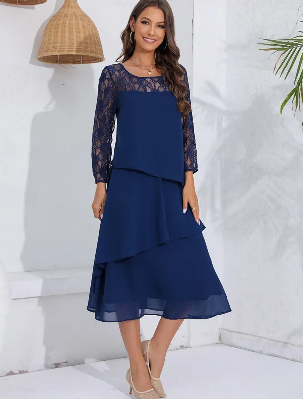 Women's Wedding Guest Cocktail Dress Lace Ruffle Elegant Vacation Spring Winter Midi Dress Crew Neck Long Sleeve Navy Blue