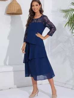 Women's Wedding Guest Cocktail Dress Lace Ruffle Elegant Vacation Spring Winter Midi Dress Crew Neck Long Sleeve Navy Blue